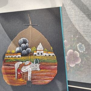 2 Pcs Hand-Painted Indian Leaf Art (Village Scene and Flowers)